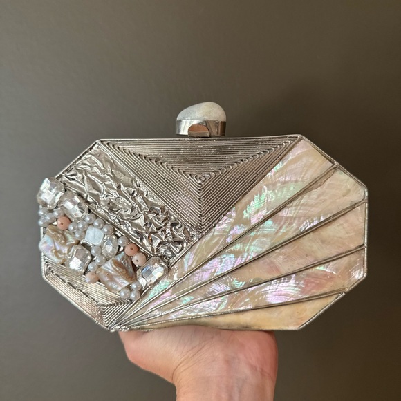 Handbags - Silver and Cream Geometric Clutch